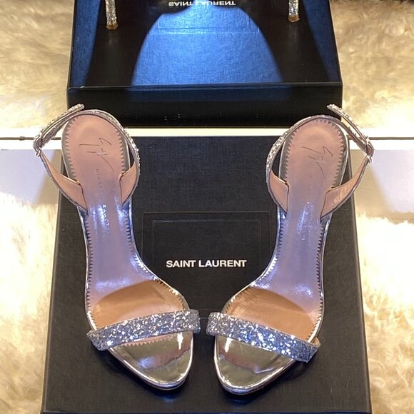 Saint Laurent Veau Lem Laminato metal blush high heels size 38+ Silver EUC 7.5